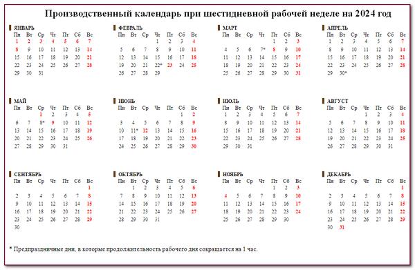 Табель-календарь на 2024 год: производственный для пяти и шестидневки